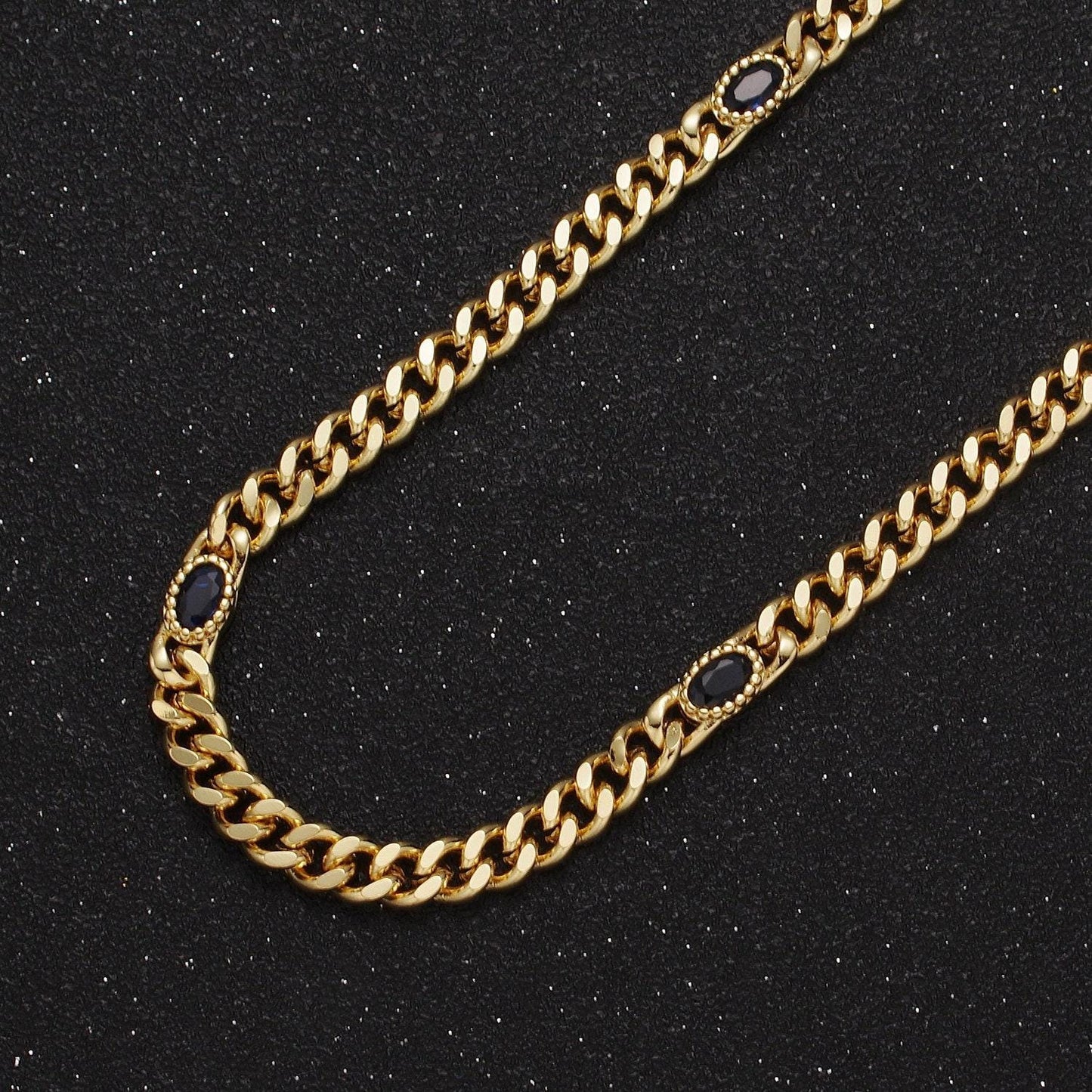 24k gold filled unfinished flat curb chain with crystal cubic zirconia cz oval stone by meter