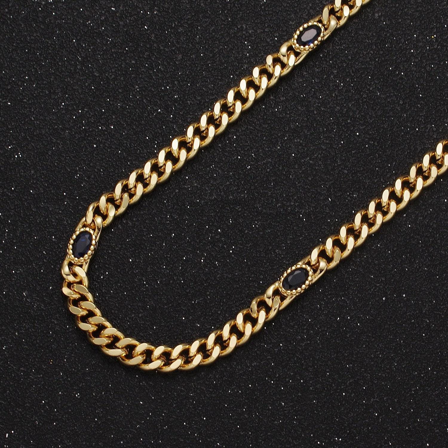 24k gold filled unfinished flat curb chain with crystal cubic zirconia cz oval stone by meter