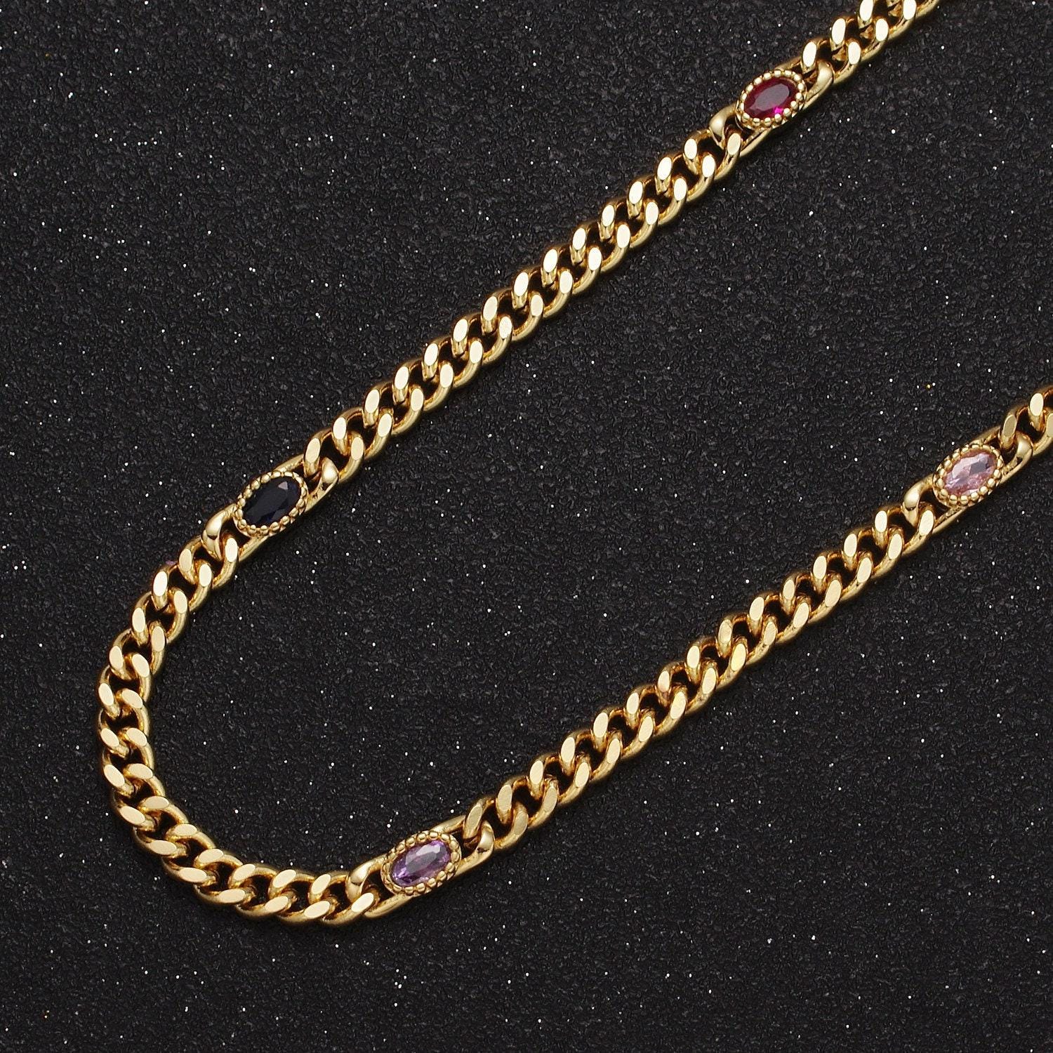24k gold filled unfinished flat curb chain with crystal cubic zirconia cz oval stone by meter
