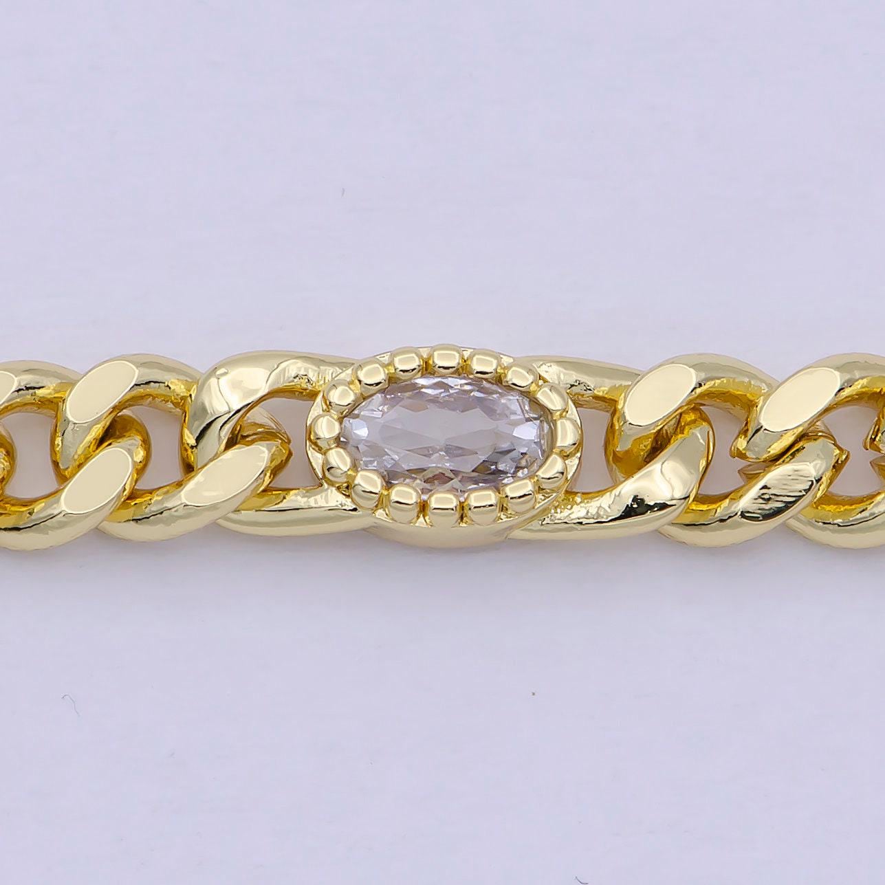 24k gold filled unfinished flat curb chain with crystal cubic zirconia cz oval stone by meter