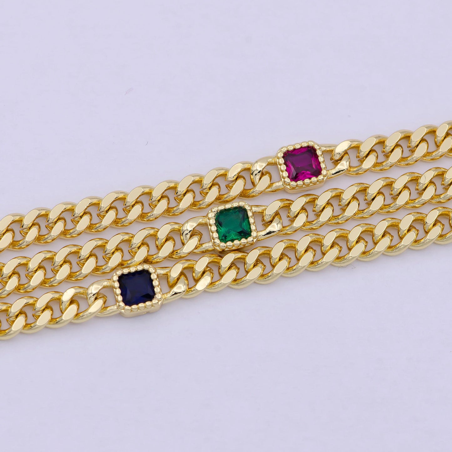 24k gold filled flat curb chain with cubic zirconia cz square connector, 4.5mm in width unfinished curb chain by meter for jewelry making