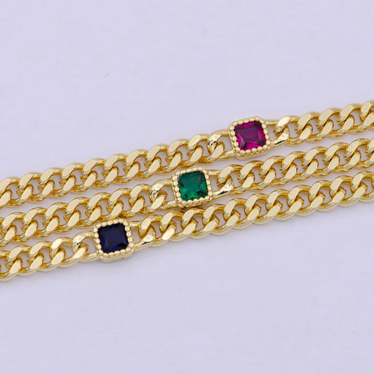 24k gold filled flat curb chain with cubic zirconia cz square connector, 4.5mm in width unfinished curb chain by meter for jewelry making
