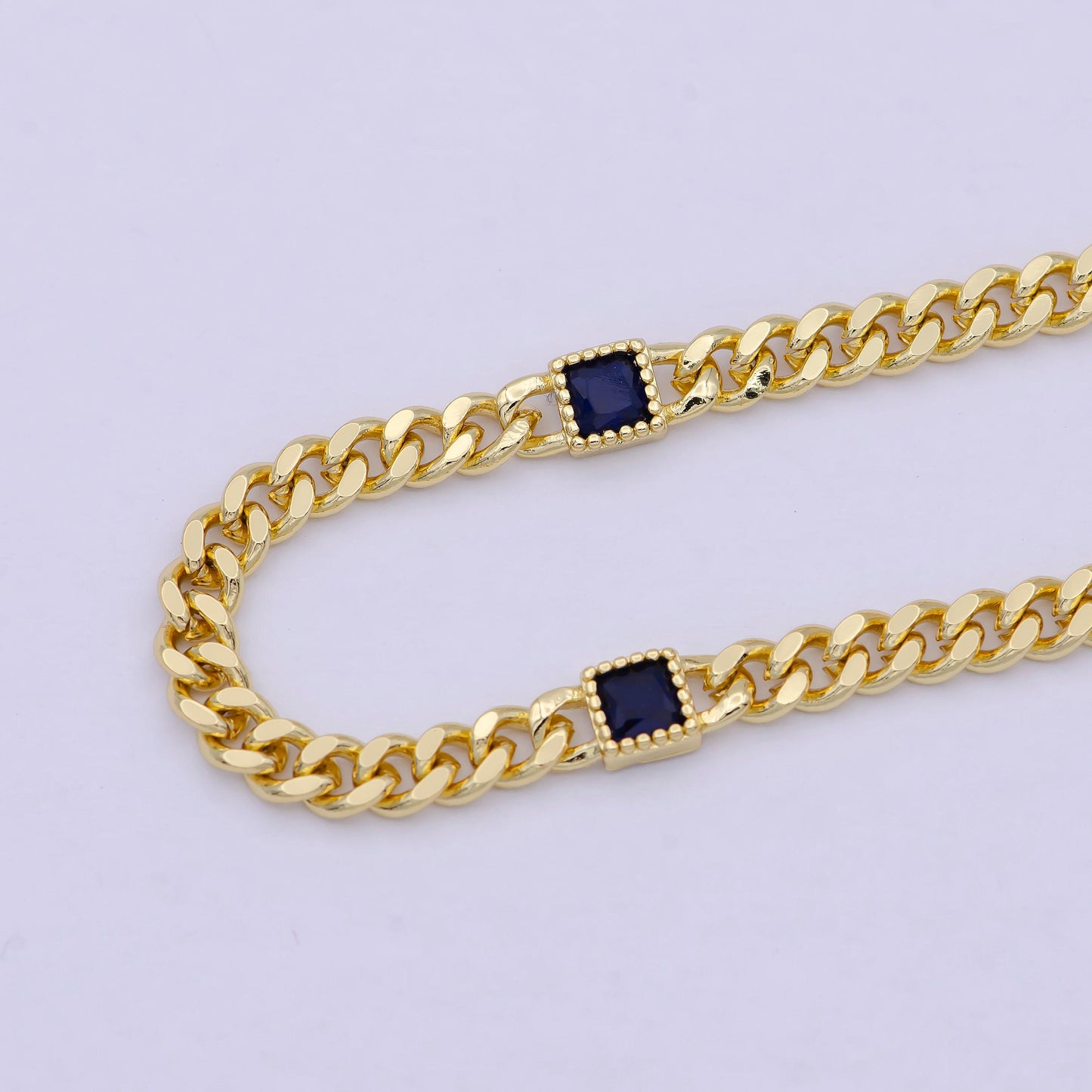 24k gold filled flat curb chain with cubic zirconia cz square connector, 4.5mm in width unfinished curb chain by meter for jewelry making