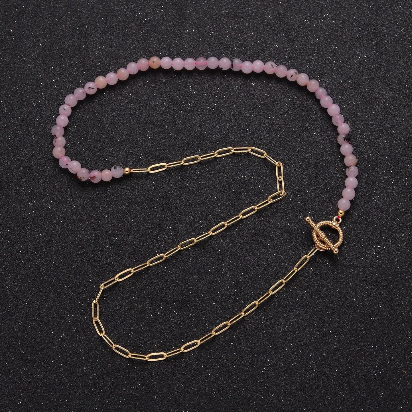 Dainty half bead half link chain necklace, 24k gold filled paperclip chain with pink jade necklace toggle clasp wa-970