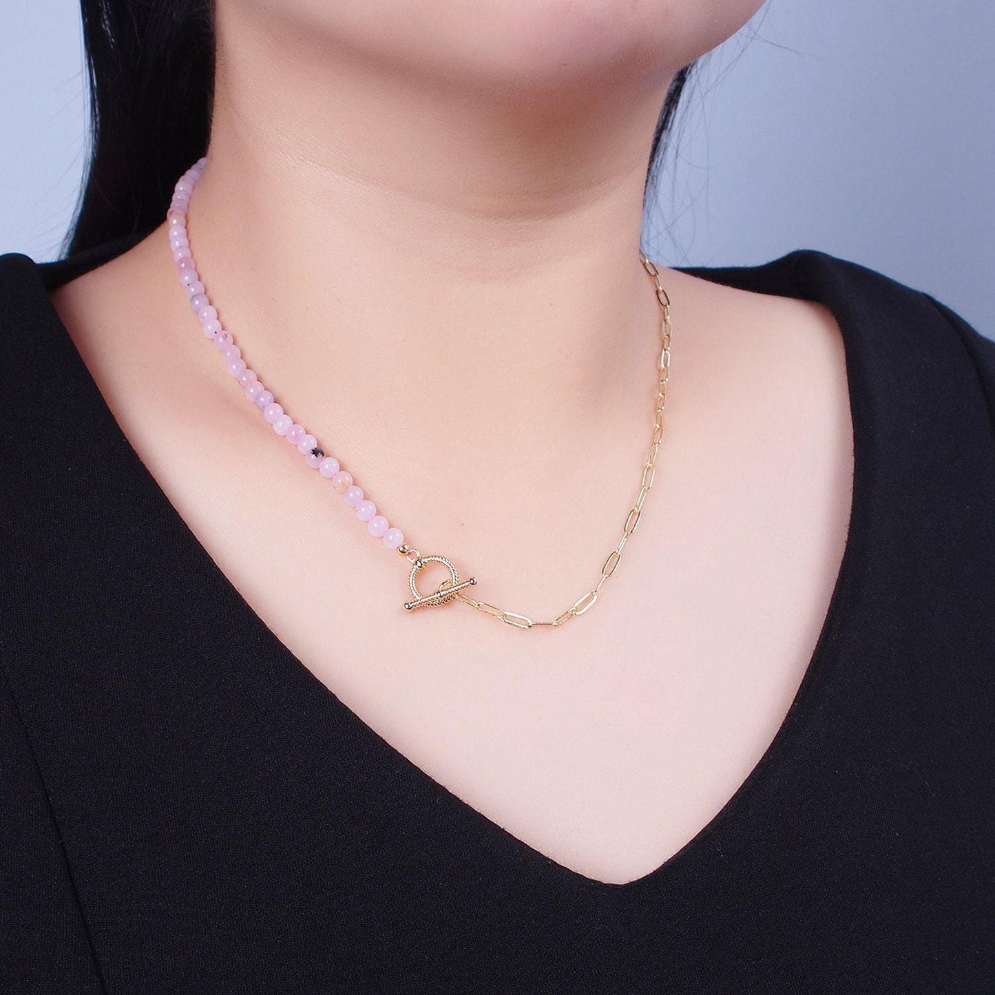Dainty half bead half link chain necklace, 24k gold filled paperclip chain with pink jade necklace toggle clasp wa-970