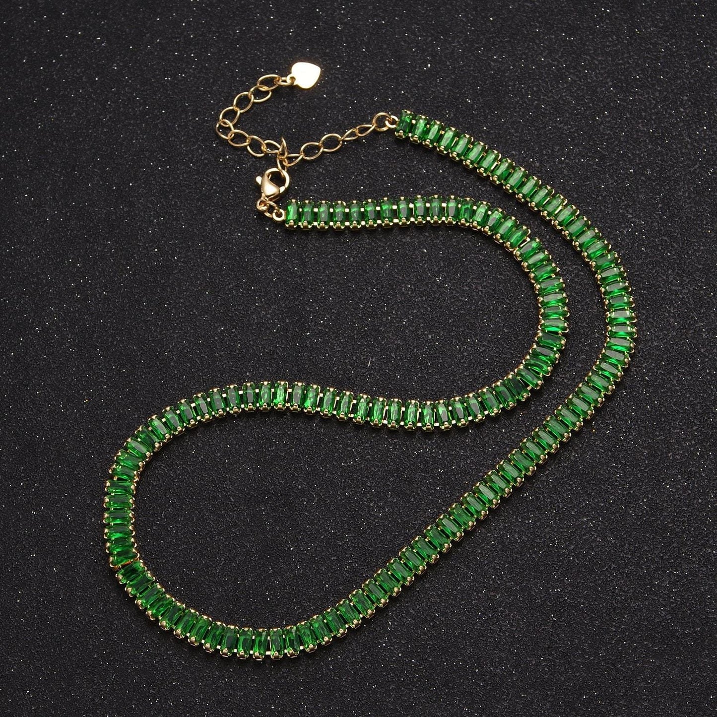 24k gold filled 15.7 inch baguette tennis chain with 2 inch extender, cubic zirconia cz choker necklace, wa-938
