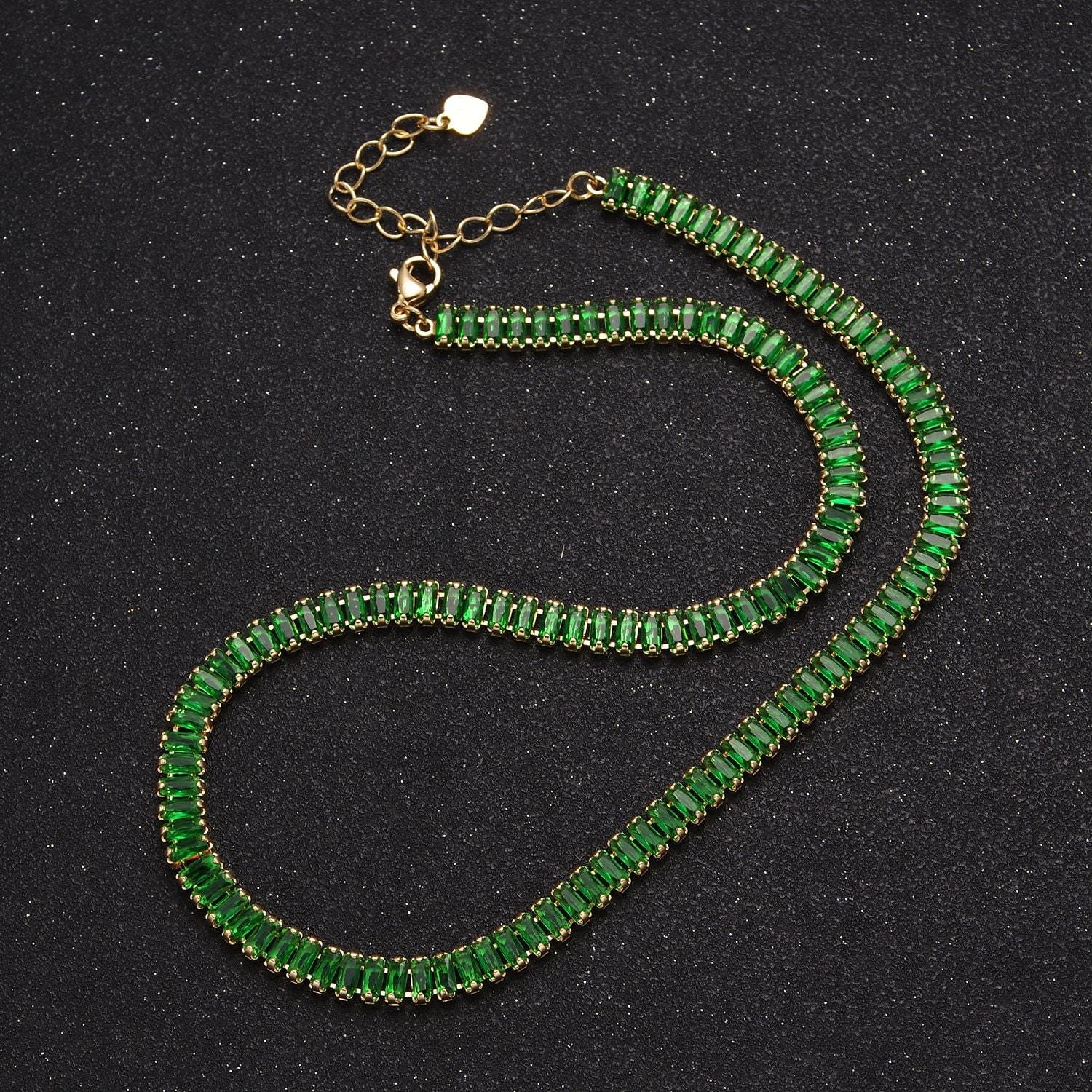 24k gold filled 15.7 inch baguette tennis chain with 2 inch extender, cubic zirconia cz choker necklace, wa-938