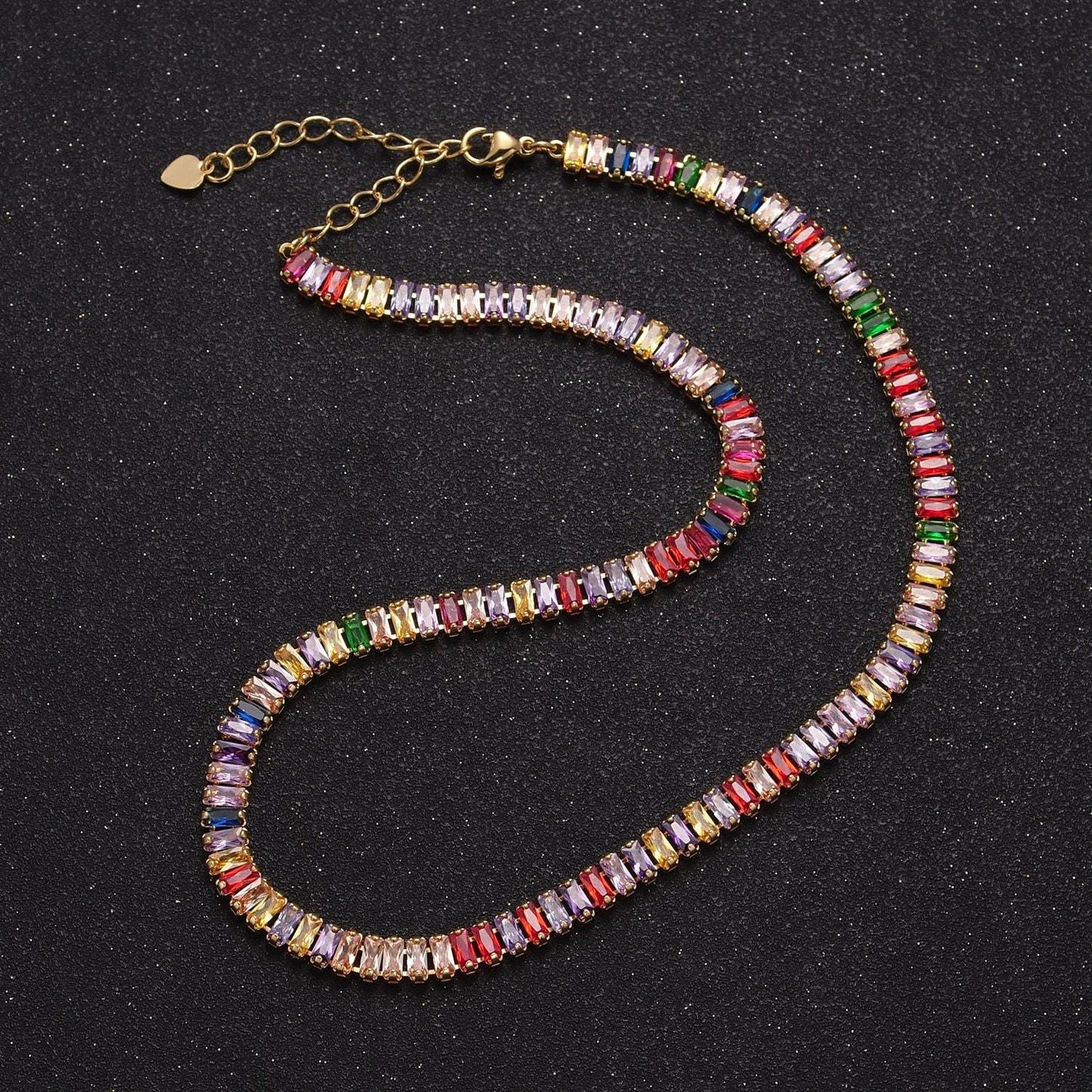 24k gold filled 15.7 inch baguette tennis chain with 2 inch extender, cubic zirconia cz choker necklace, wa-938