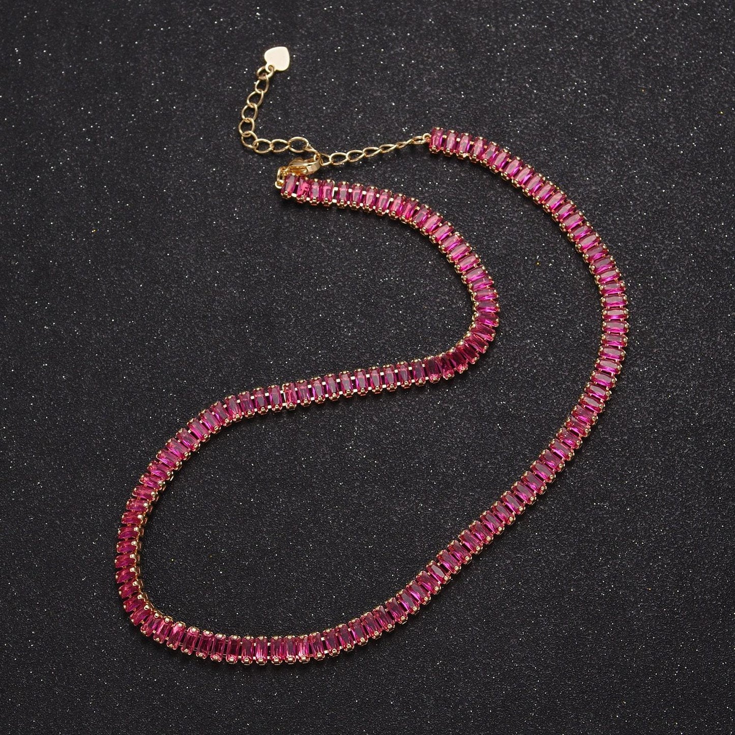 24k gold filled 15.7 inch baguette tennis chain with 2 inch extender, cubic zirconia cz choker necklace, wa-938
