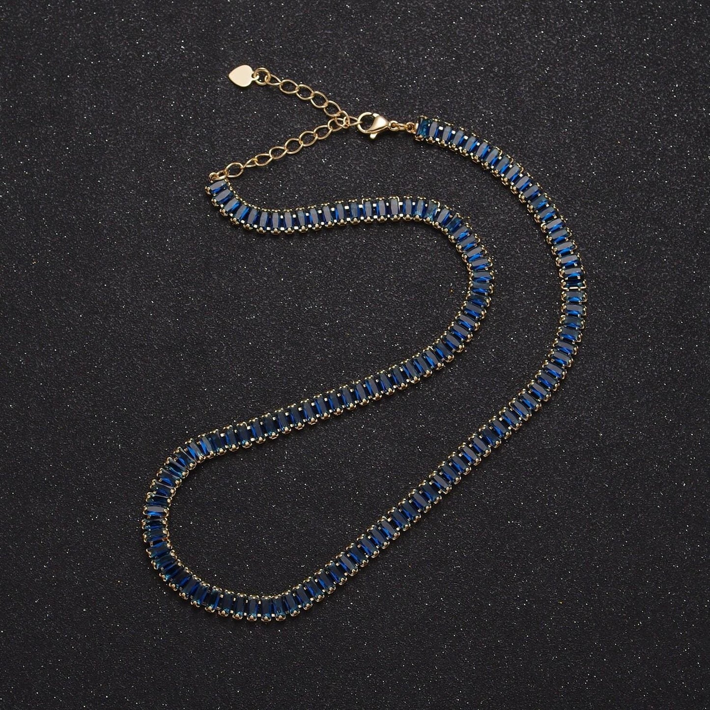 24k gold filled 15.7 inch baguette tennis chain with 2 inch extender, cubic zirconia cz choker necklace, wa-938