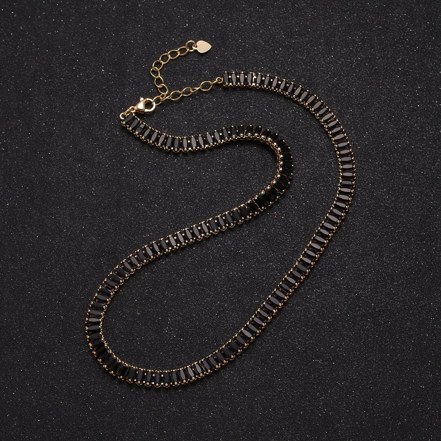 24k gold filled 15.7 inch baguette tennis chain with 2 inch extender, cubic zirconia cz choker necklace, wa-938
