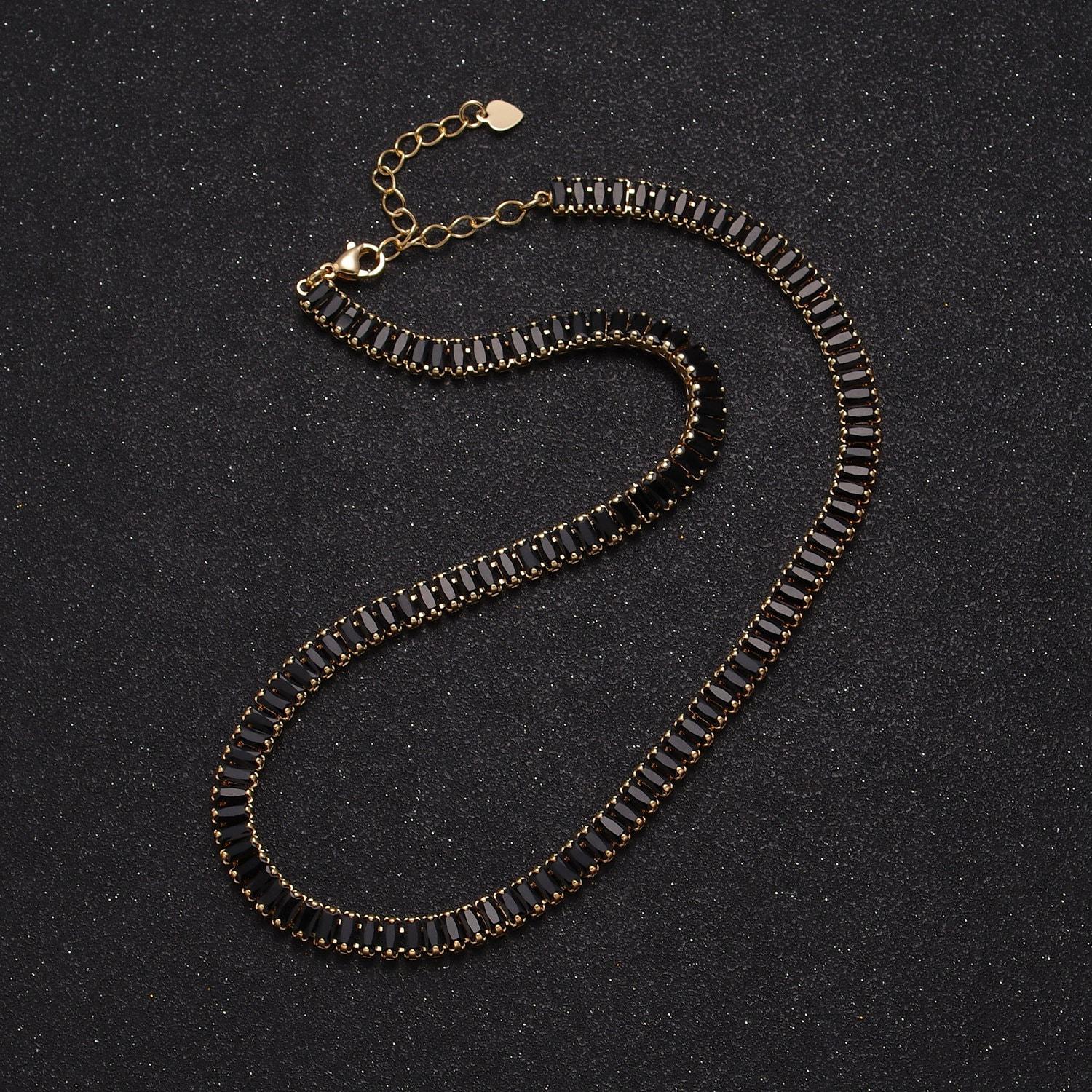 24k gold filled 15.7 inch baguette tennis chain with 2 inch extender, cubic zirconia cz choker necklace, wa-938