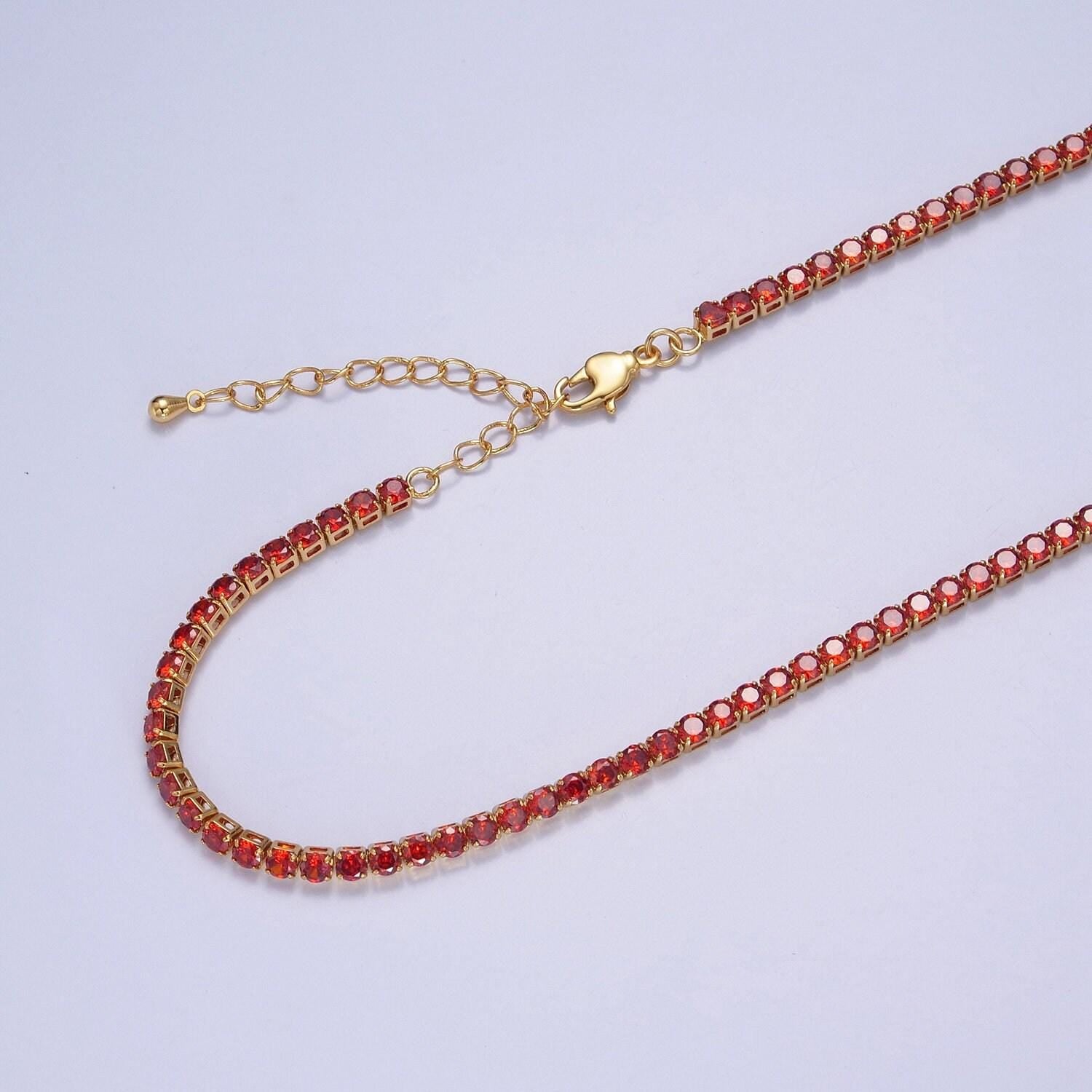 Gold, red, yellow tennis necklace | 2mm round cubic zirconia necklace | diamond cz tennis chain necklace | adjustable layer necklace wa-893
