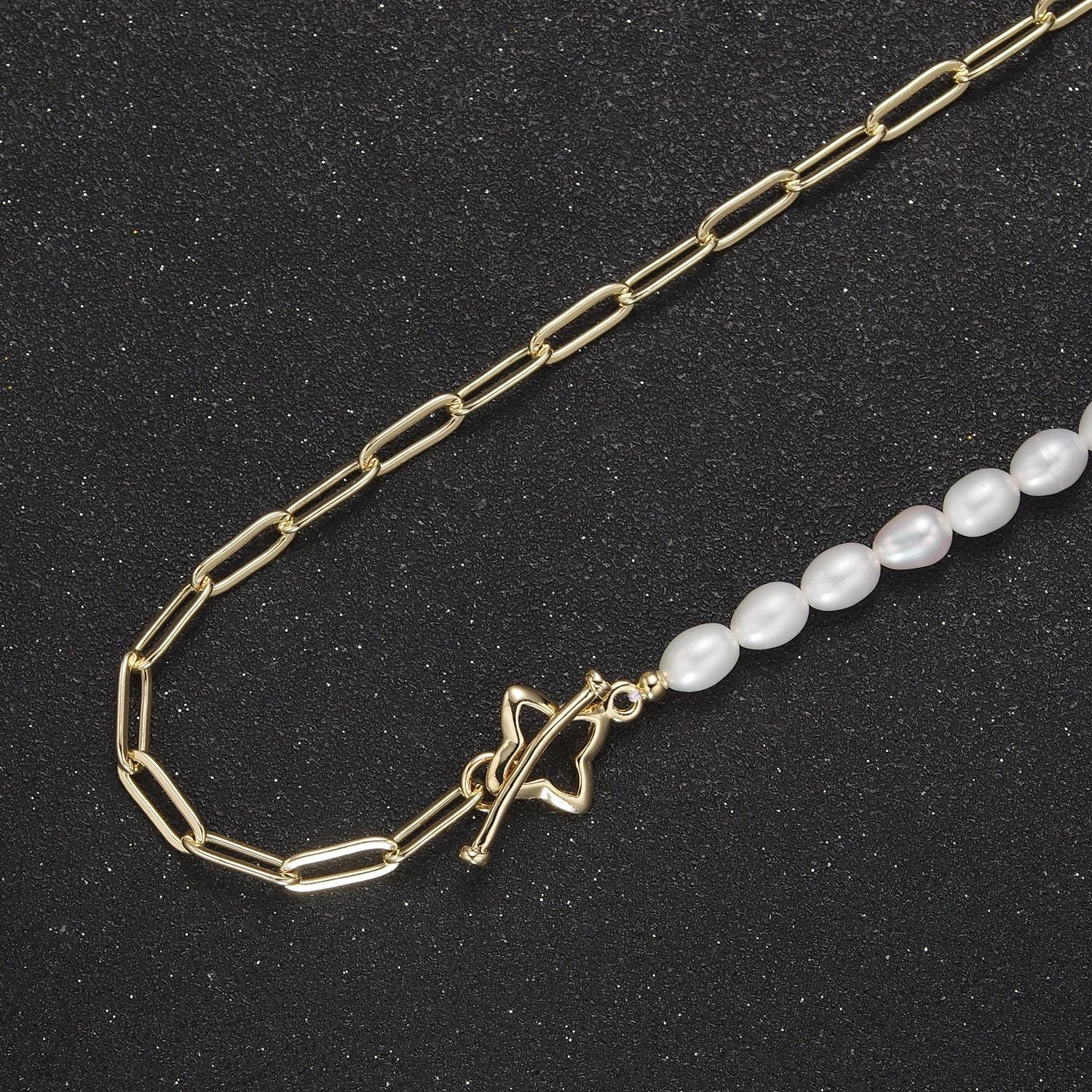 18k gold filled paperclip chain with freshwater pearls layering necklace dainty paperclip wa-862