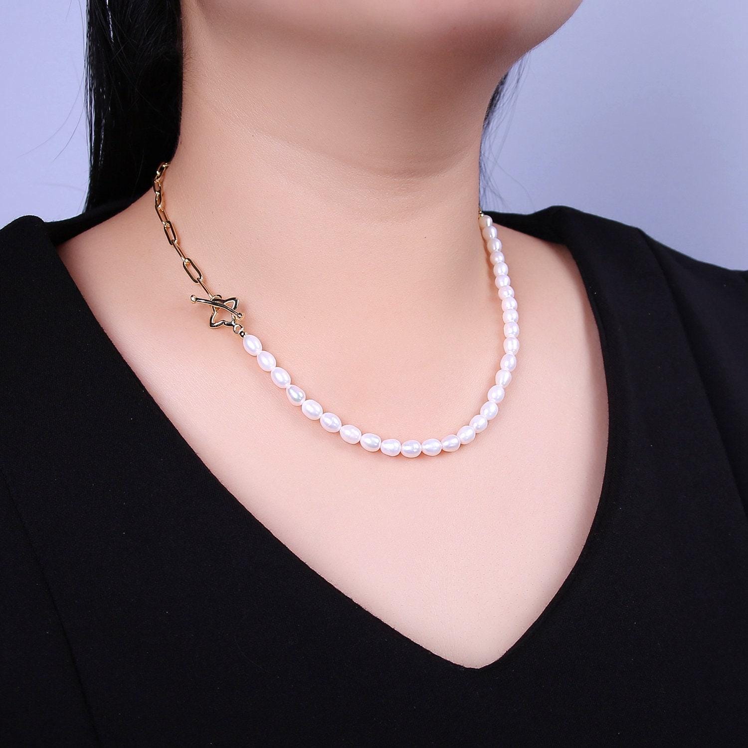 18k gold filled paperclip chain with freshwater pearls layering necklace dainty paperclip wa-862
