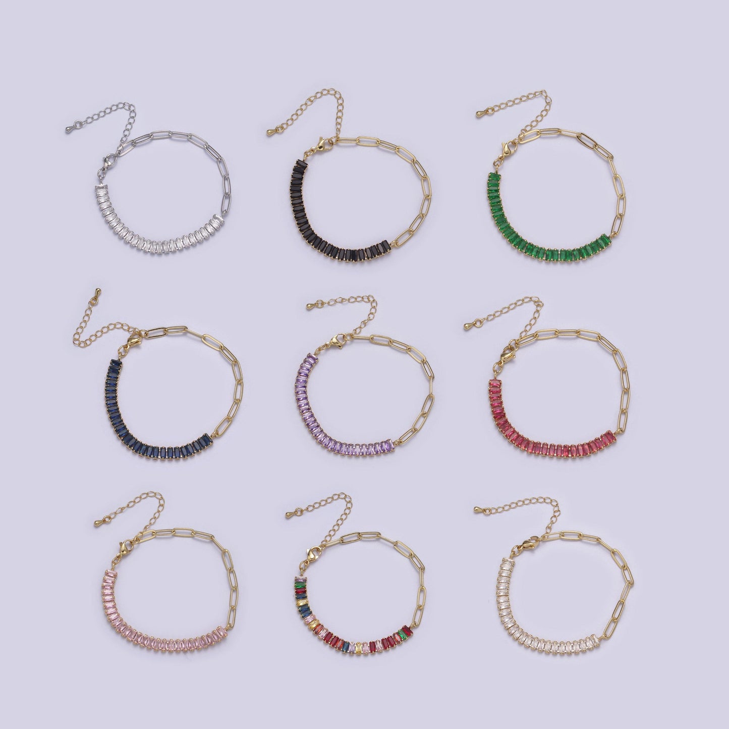 Gold half tennis half paper clip bracelet cz tennis stacking gold filled adjustable bracelet in blue green purple pink rainbow clear stone