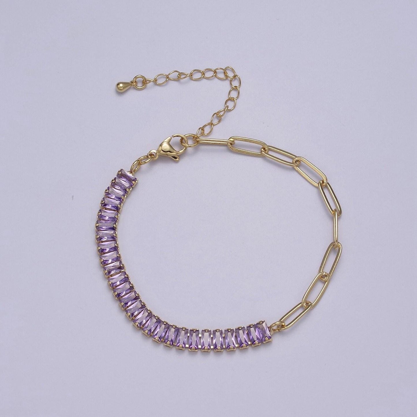 Gold half tennis half paper clip bracelet cz tennis stacking gold filled adjustable bracelet in blue green purple pink rainbow clear stone