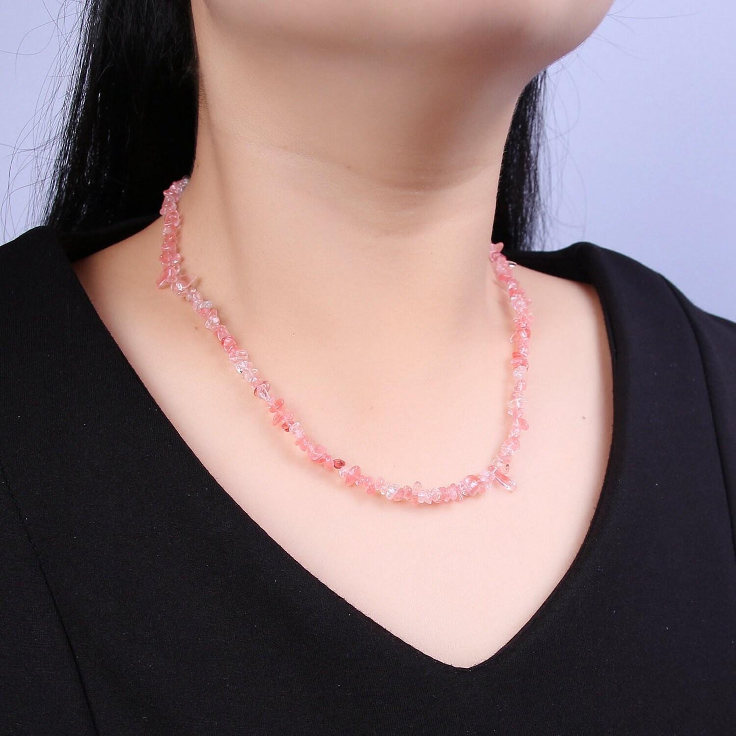 Watermelon quartz beaded necklace - 17.7" chip necklace healing crystals, gemstone necklace, handmade jewelry, crystal necklace wa-634