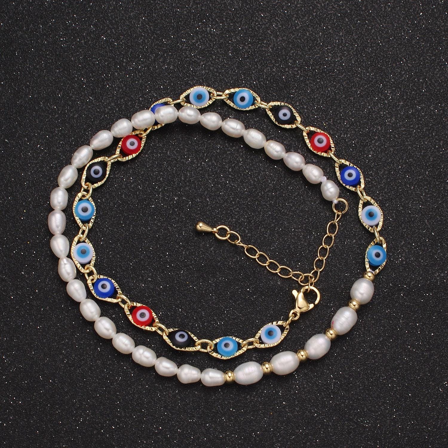 Fusion evil eye necklace , freshwater pearl necklace amulet protection necklace for layering | wa-587