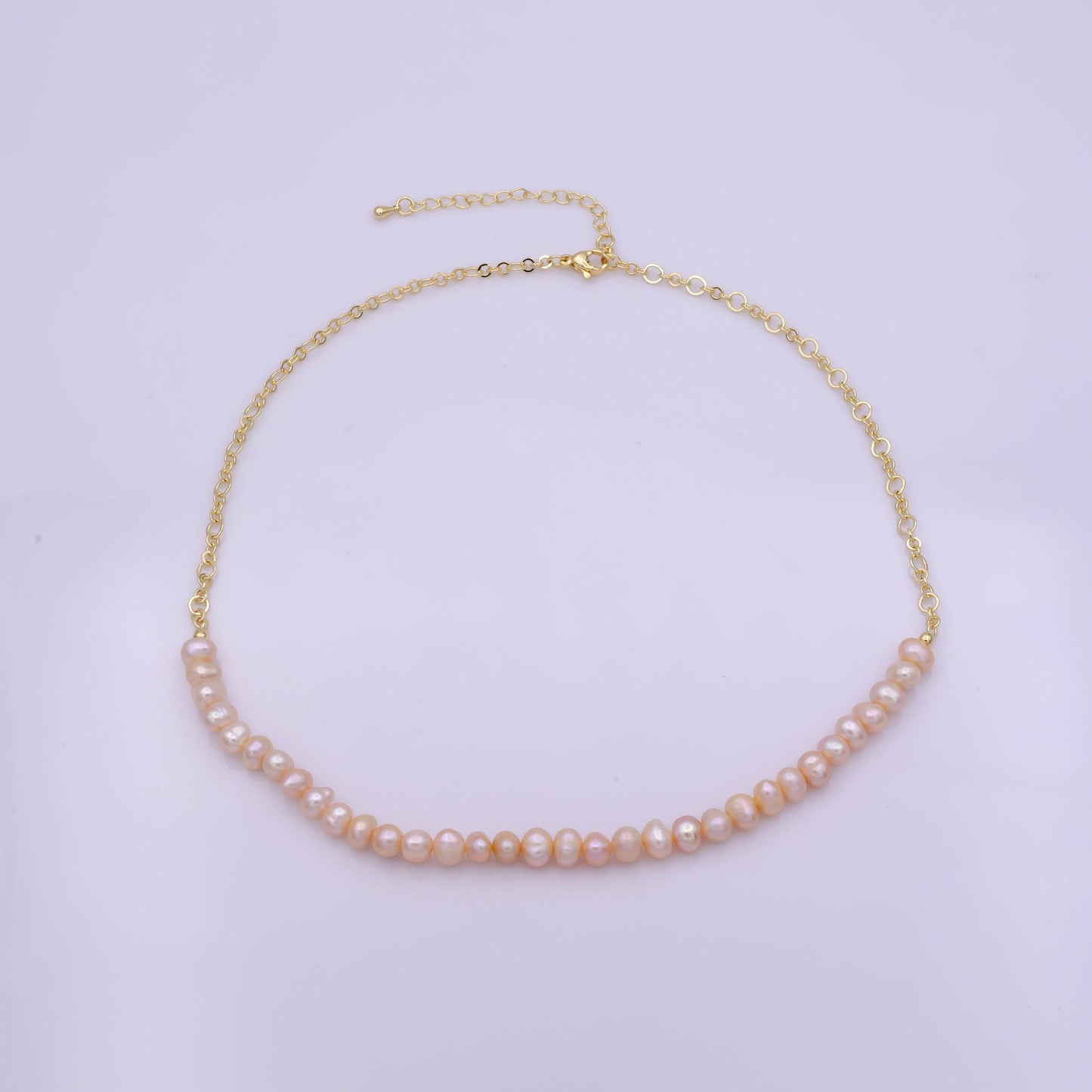 Peach pearl necklace, fresh water pearl baroque rolo gold chain necklace 17.5" + 2 inch extender necklace beaded gold chainwa-409