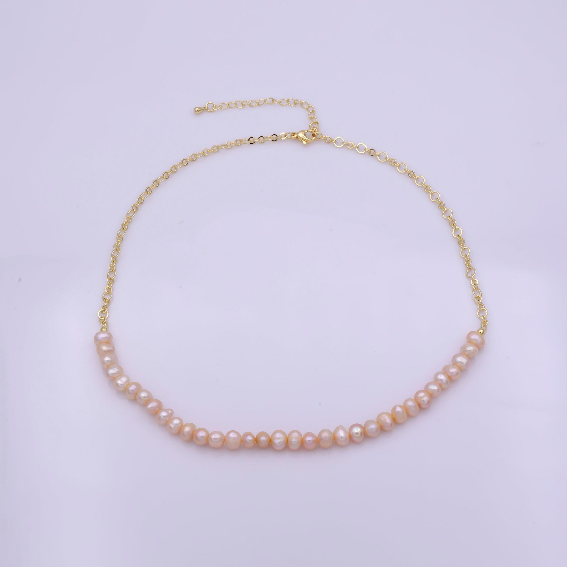 Peach pearl necklace, fresh water pearl baroque rolo gold chain necklace 17.5" + 2 inch extender necklace beaded gold chainwa-409