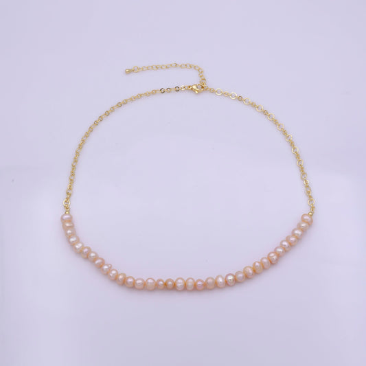 Peach pearl necklace, fresh water pearl baroque rolo gold chain necklace 17.5" + 2 inch extender necklace beaded gold chainwa-409