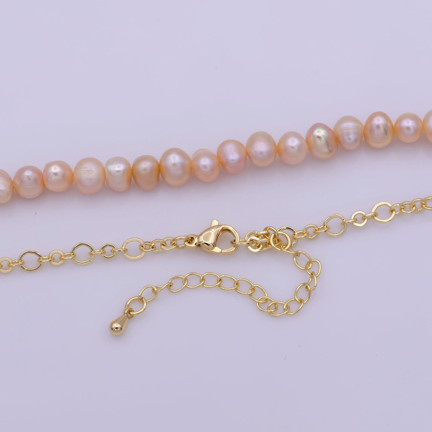 Peach pearl necklace, fresh water pearl baroque rolo gold chain necklace 17.5" + 2 inch extender necklace beaded gold chainwa-409