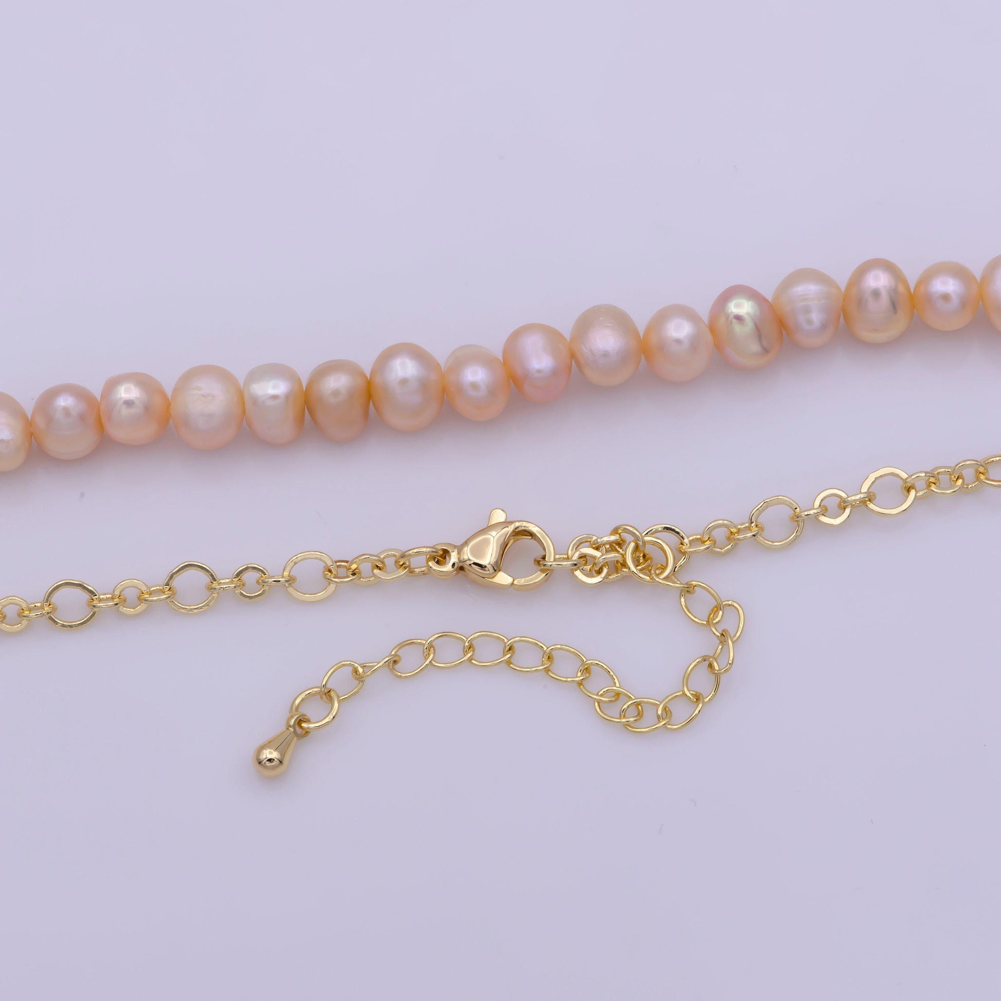 Peach pearl necklace, fresh water pearl baroque rolo gold chain necklace 17.5" + 2 inch extender necklace beaded gold chainwa-409