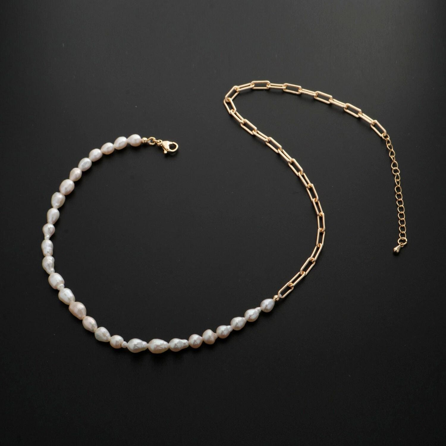 Pearl choker necklace, stadium link chain necklace, pearl necklace, 16.5" +2 " extender necklace mix metal beaded gold chain, wa-331