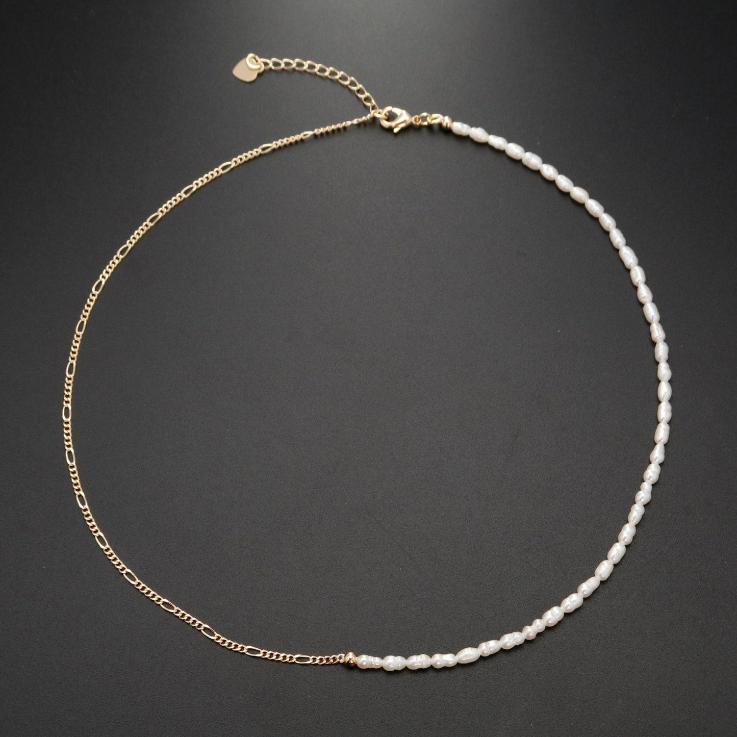 Pearl choker necklace, figaro link chain necklace, pearl necklace, 16.2" +1.5 " extender necklace mix metal beaded gold chain, wa-330