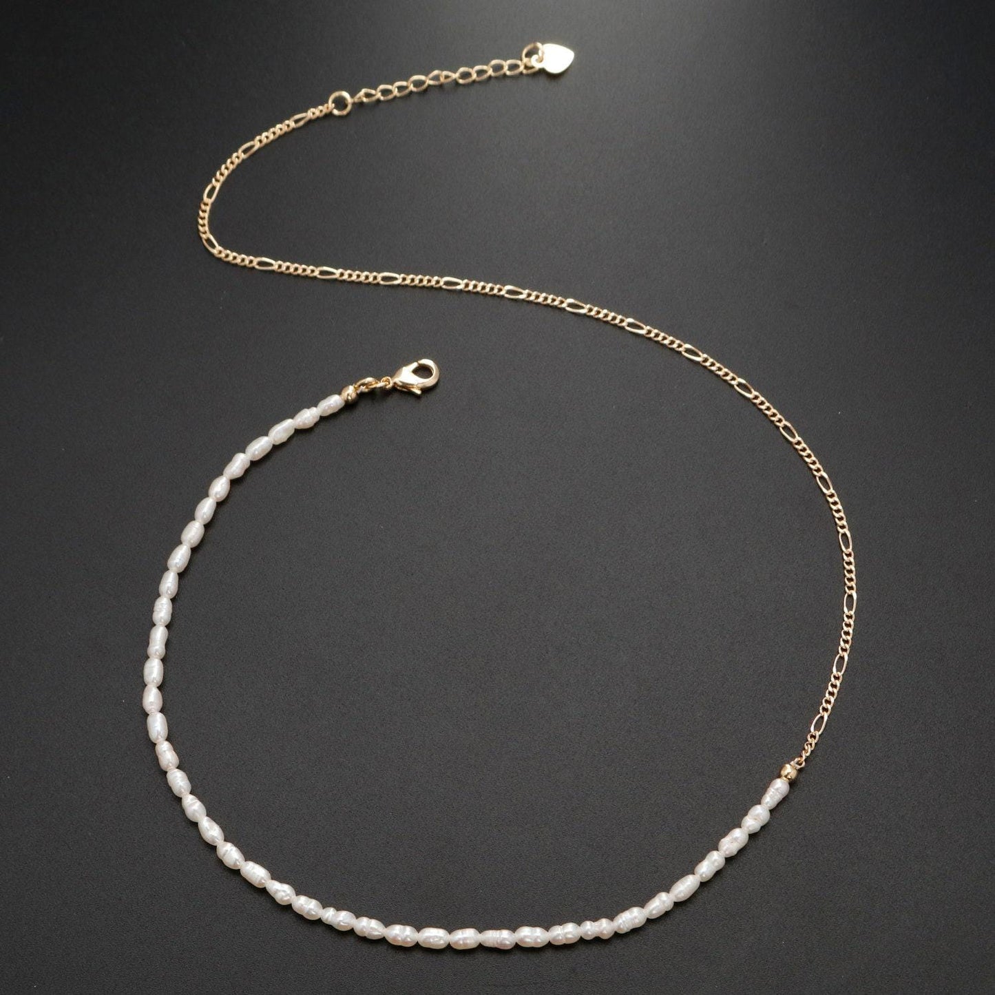 Pearl choker necklace, figaro link chain necklace, pearl necklace, 16.2" +1.5 " extender necklace mix metal beaded gold chain, wa-330