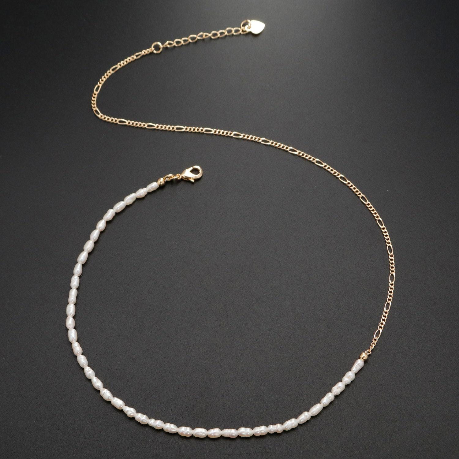 Pearl choker necklace, figaro link chain necklace, pearl necklace, 16.2" +1.5 " extender necklace mix metal beaded gold chain, wa-330