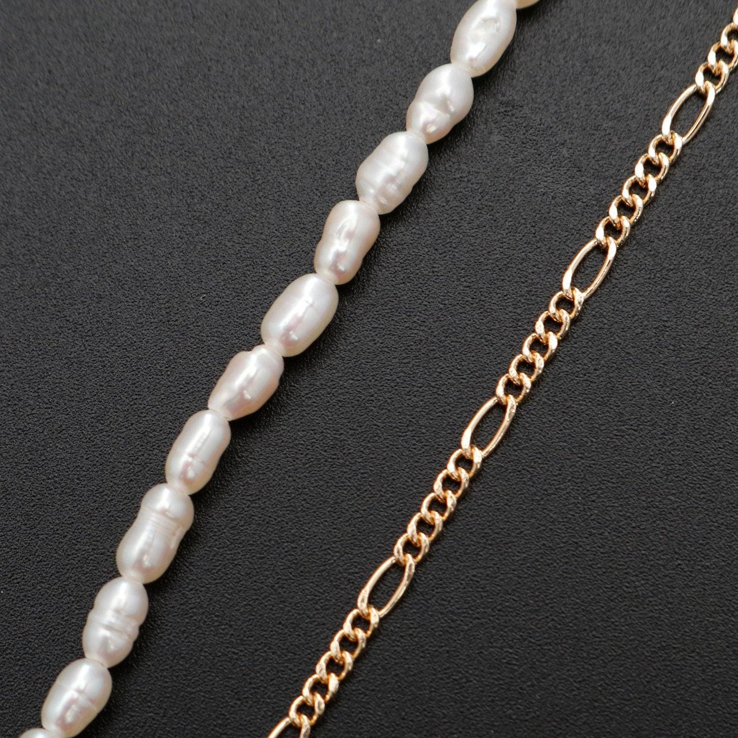 Pearl choker necklace, figaro link chain necklace, pearl necklace, 16.2" +1.5 " extender necklace mix metal beaded gold chain, wa-330
