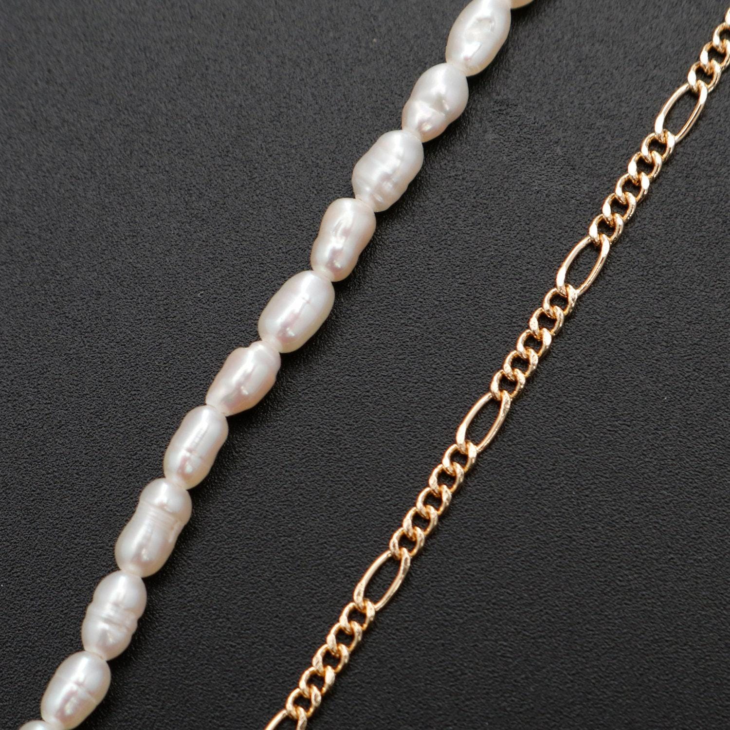 Pearl choker necklace, figaro link chain necklace, pearl necklace, 16.2" +1.5 " extender necklace mix metal beaded gold chain, wa-330