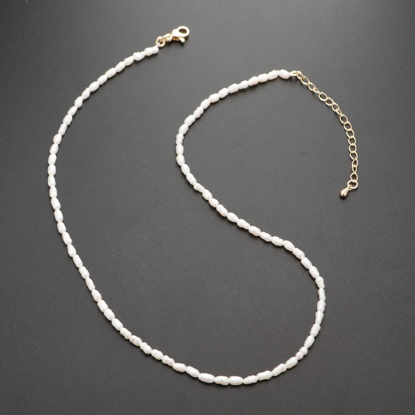 Pearl choker necklace,baroque rice pearl chain necklace, mother of pearl necklace, 14.5" +2 " extender necklace beaded gold chain, wa-329