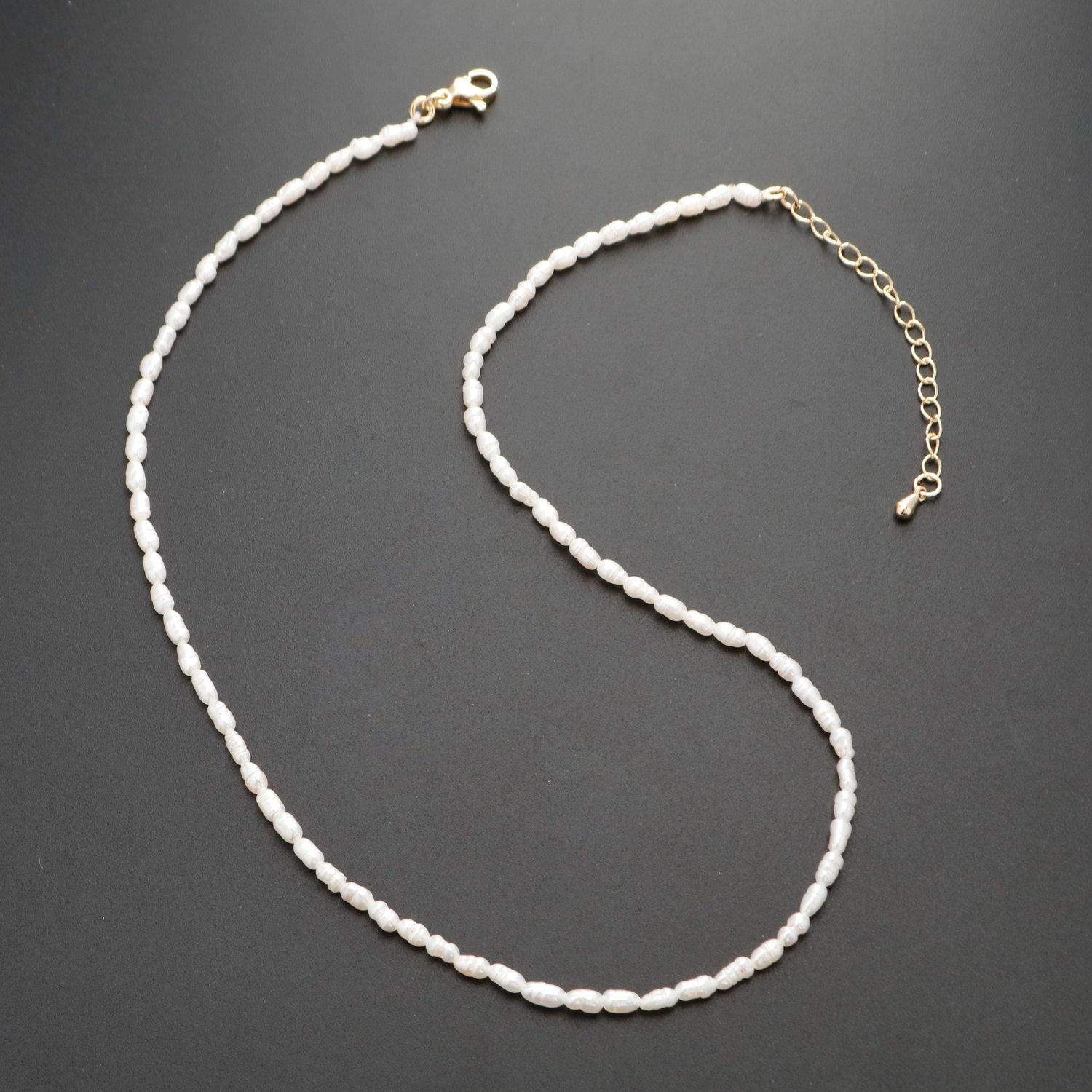 Pearl choker necklace,baroque rice pearl chain necklace, mother of pearl necklace, 14.5" +2 " extender necklace beaded gold chain, wa-329