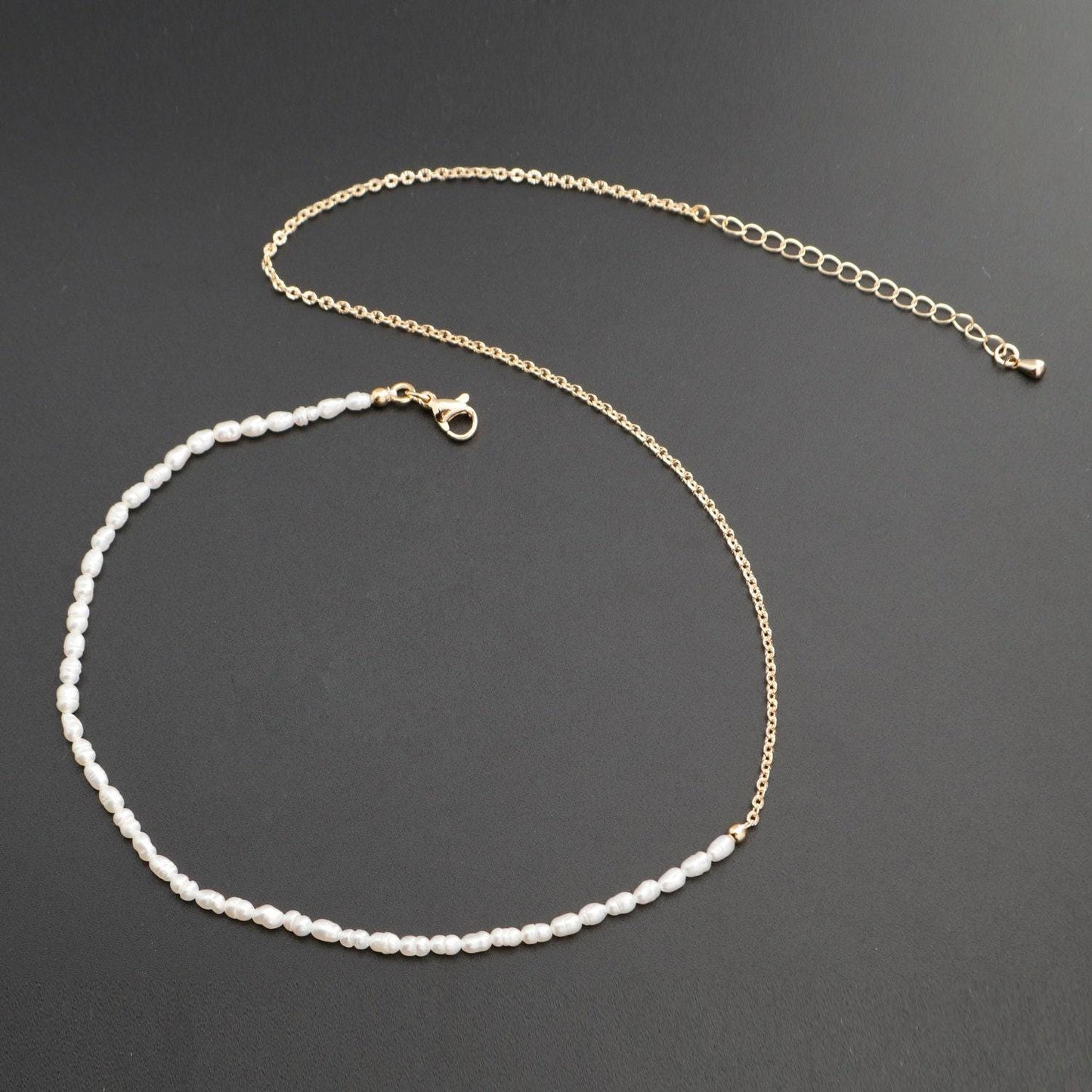 Pearl choker necklace, sunburst rolo link chain necklace, pearl necklace, 16" +2 " extender necklace mix metal beaded gold chain, wa-328