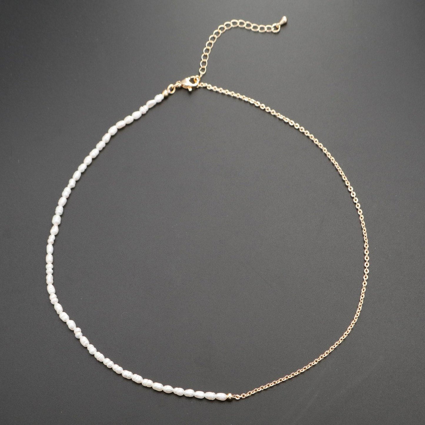 Pearl choker necklace, sunburst rolo link chain necklace, pearl necklace, 16" +2 " extender necklace mix metal beaded gold chain, wa-328