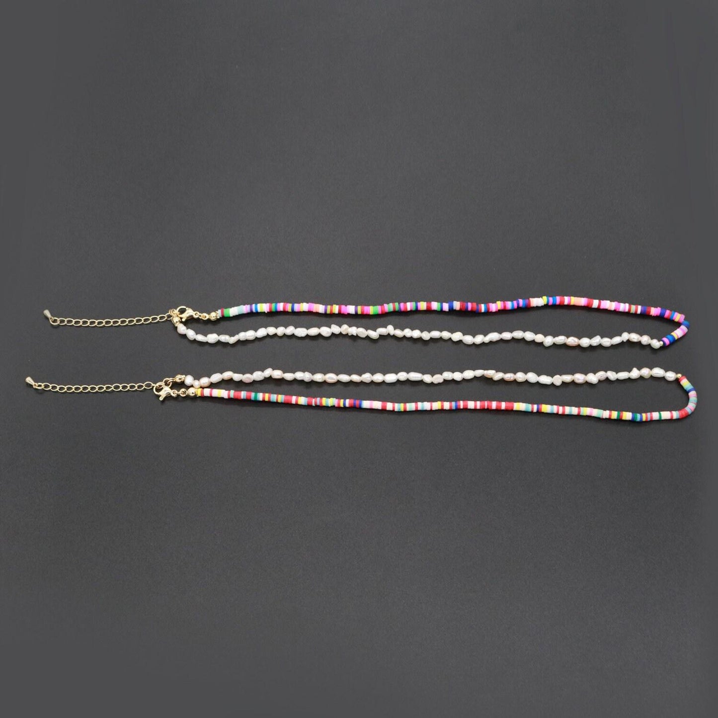 Pearl necklace and rainbow polymer clay beaded necklace y2k jewelry 90s trend inspired 17 inch + 2 inch extender handmade necklace, wa-284
