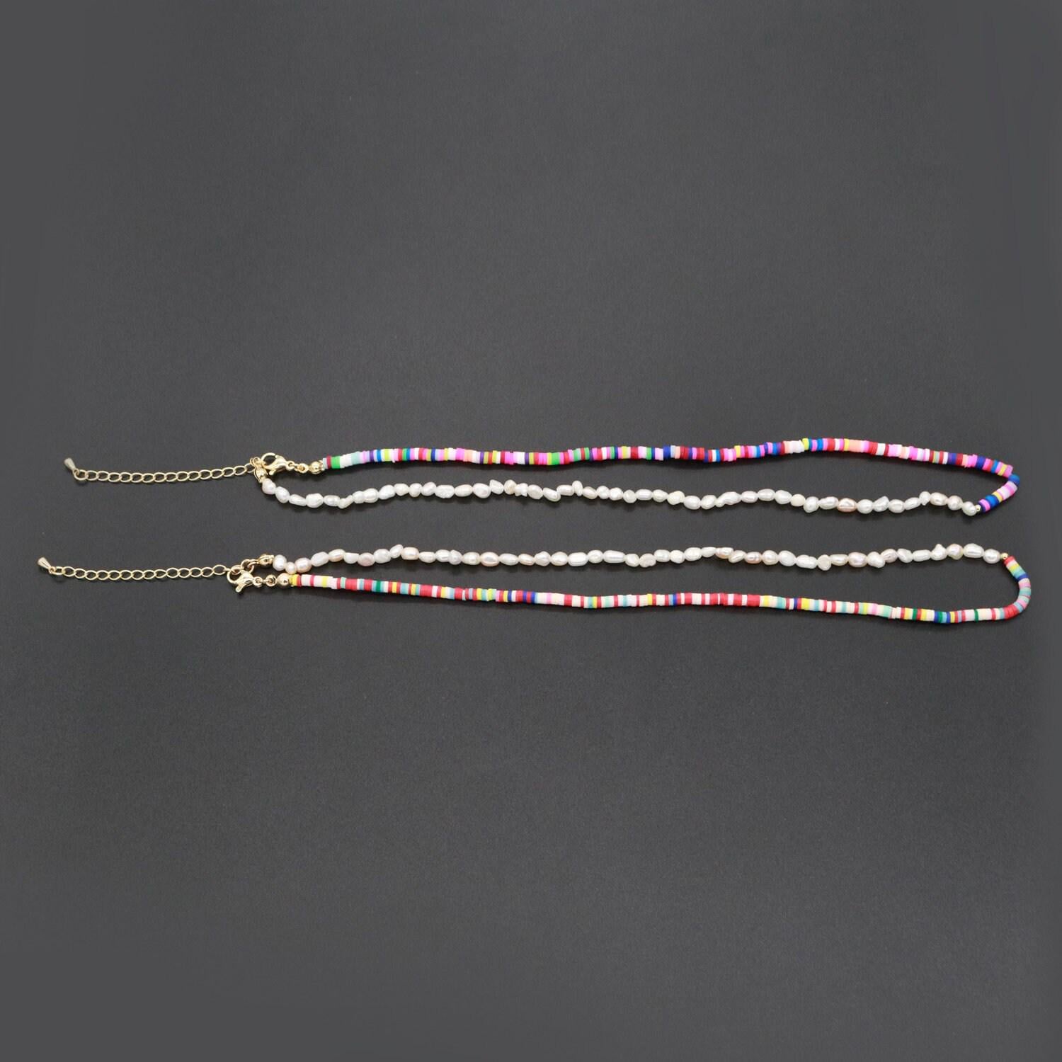 Pearl necklace and rainbow polymer clay beaded necklace y2k jewelry 90s trend inspired 17 inch + 2 inch extender handmade necklace, wa-284