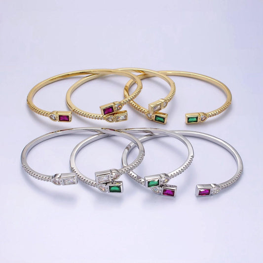 14k gold filled clear, green, pink baguette heart cz micro paved cuff bracelet in gold & silver | wa-2124 ~ wa-2128