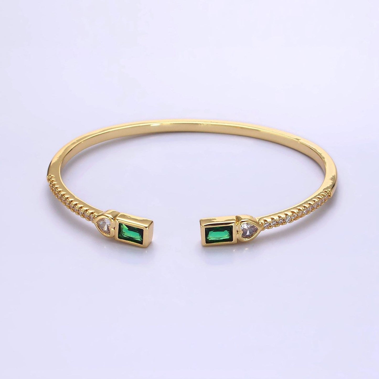 14k gold filled clear, green, pink baguette heart cz micro paved cuff bracelet in gold & silver | wa-2124 ~ wa-2128