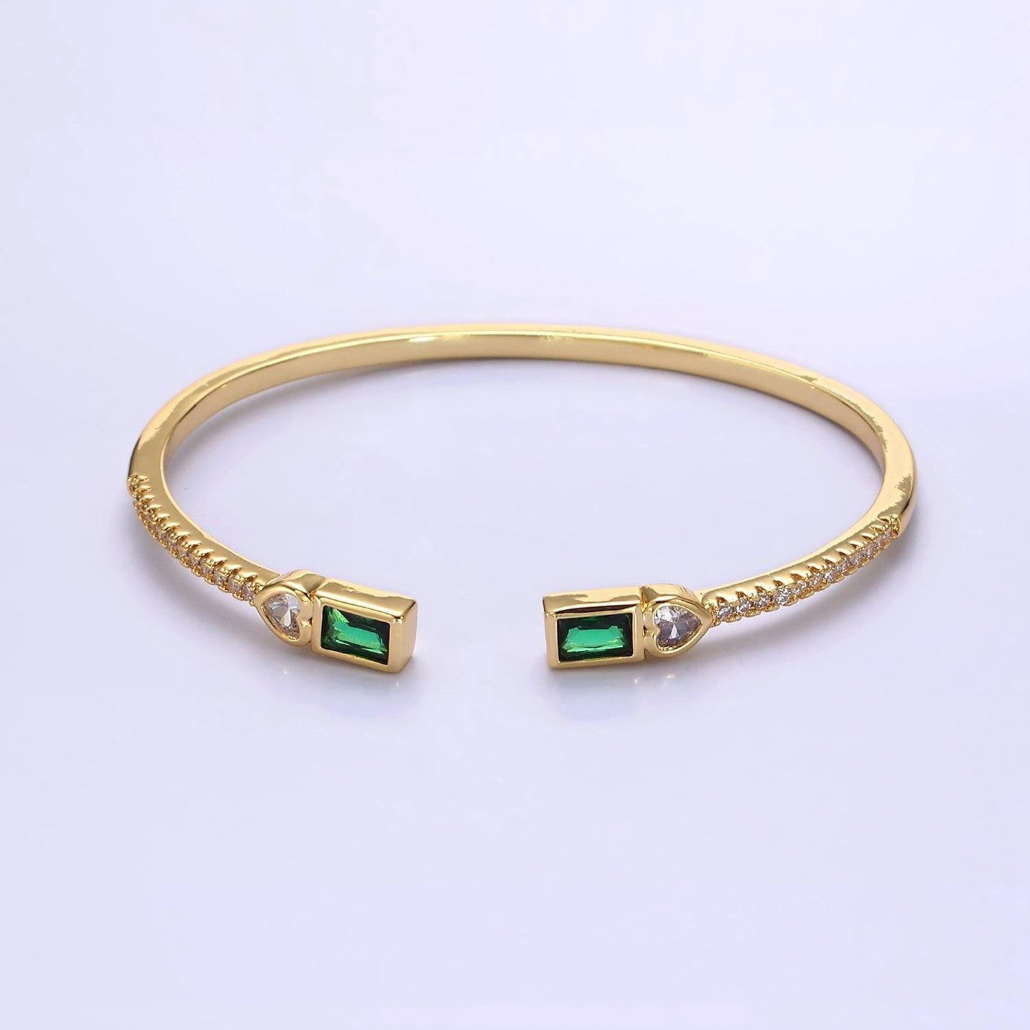 14k gold filled clear, green, pink baguette heart cz micro paved cuff bracelet in gold & silver | wa-2124 ~ wa-2128