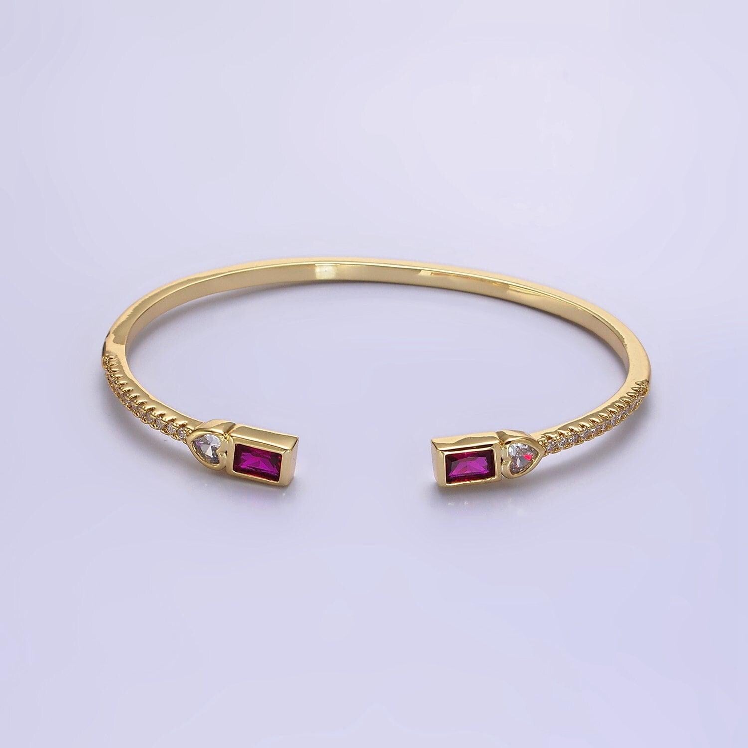 14k gold filled clear, green, pink baguette heart cz micro paved cuff bracelet in gold & silver | wa-2124 ~ wa-2128