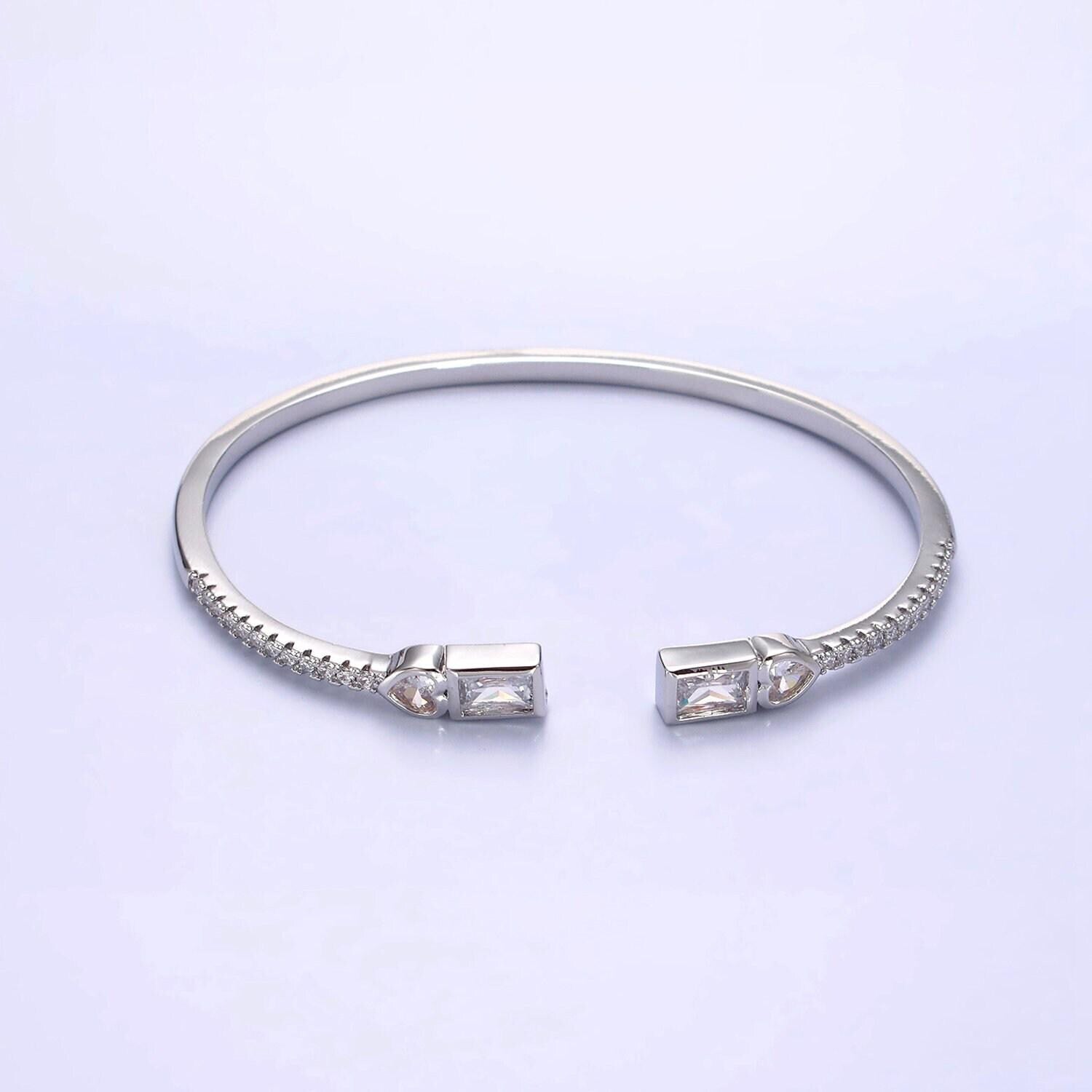 14k gold filled clear, green, pink baguette heart cz micro paved cuff bracelet in gold & silver | wa-2124 ~ wa-2128