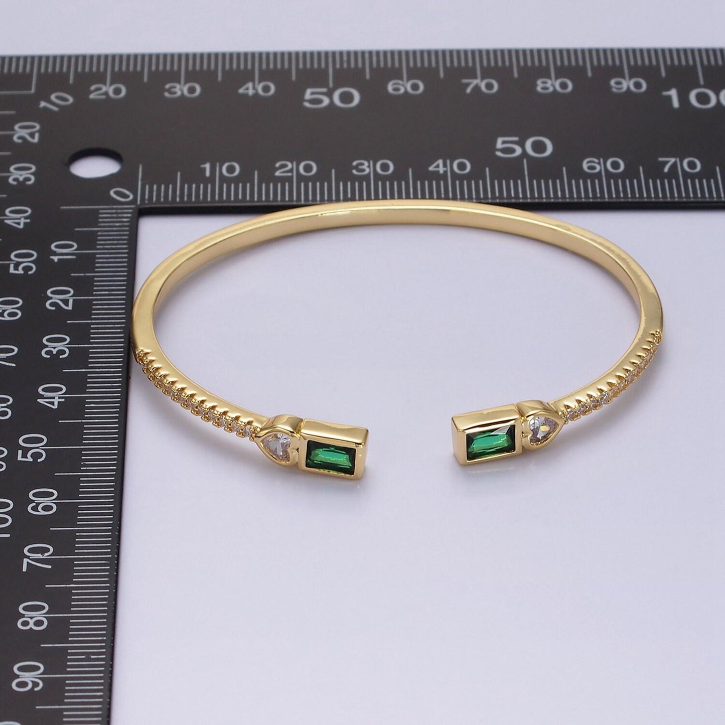 14k gold filled clear, green, pink baguette heart cz micro paved cuff bracelet in gold & silver | wa-2124 ~ wa-2128