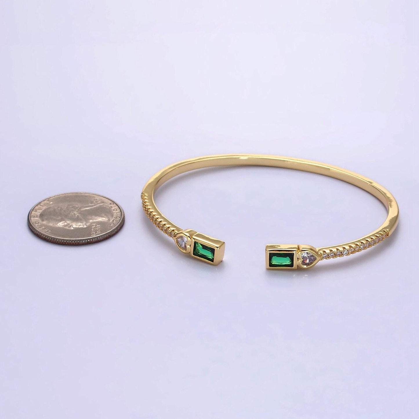 14k gold filled clear, green, pink baguette heart cz micro paved cuff bracelet in gold & silver | wa-2124 ~ wa-2128
