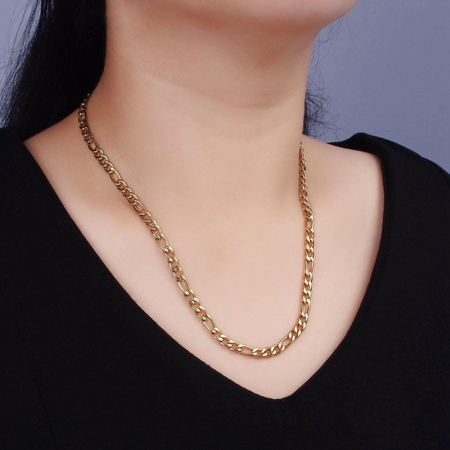 5.2mm figaro link stainless steel gold plated necklace chain for men or women long figaro chain 20, 22, 24 inch necklace wa2312