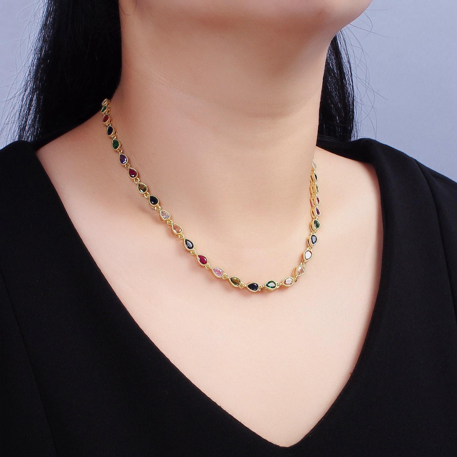 Gold filled necklace colorful cz stone necklace gemstone necklace tear drop crystal necklace dainty necklace christmas gift for her wa2242