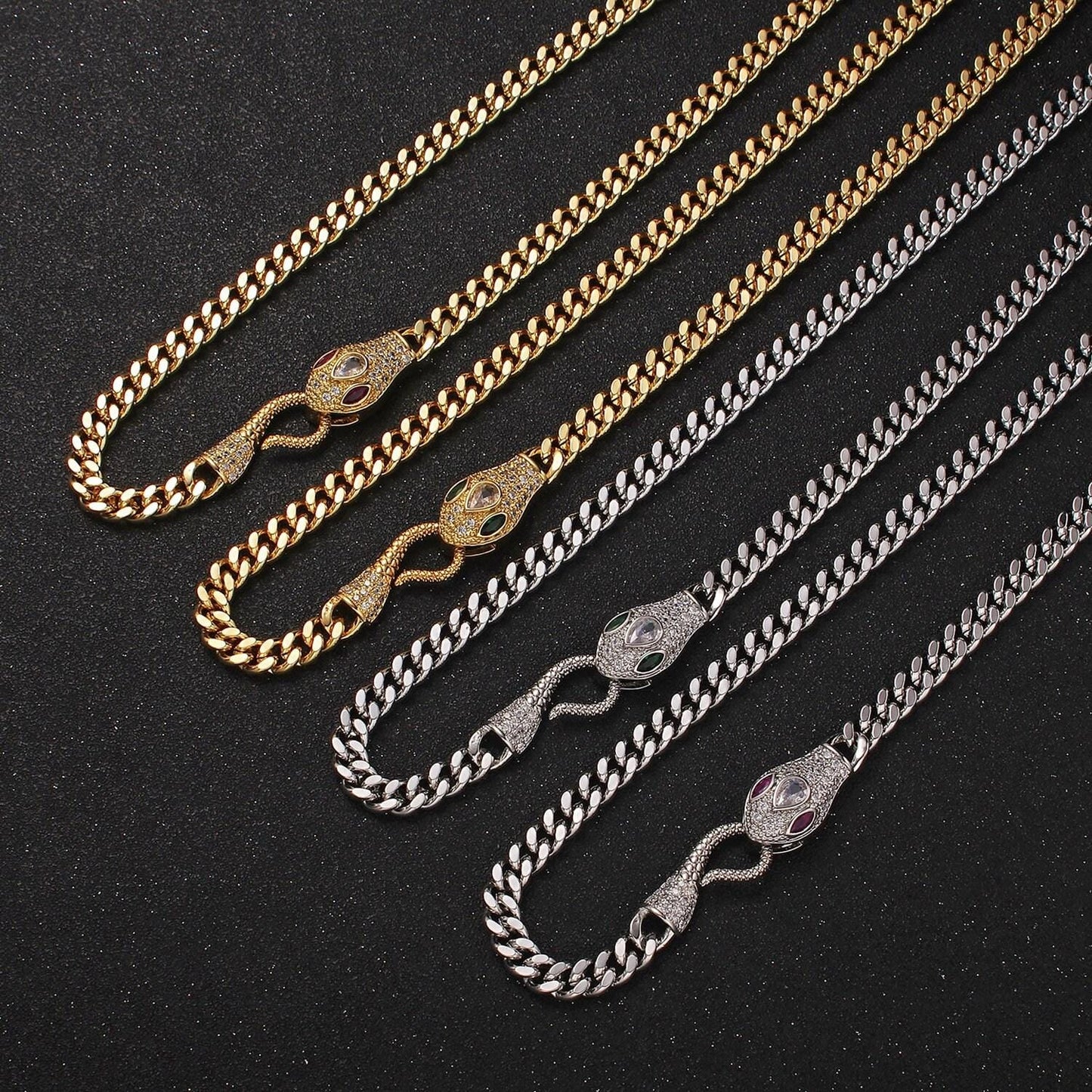5.8mm gold miami cuban curb chain with cubic zirconia snake clasp silver serpent end clasp for statement jewelry 18 inch necklace wa-2205